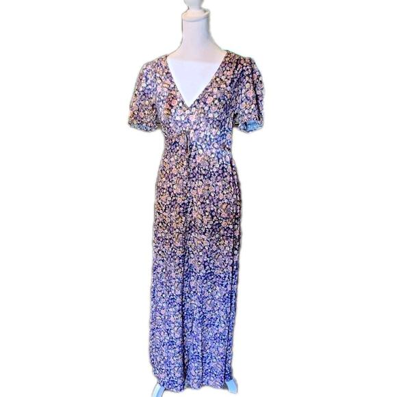 BeBop Women's Dress Mini Floral Ruffle Bodice Ruched Short Sleeve Maxi Length - Picture 1 of 6